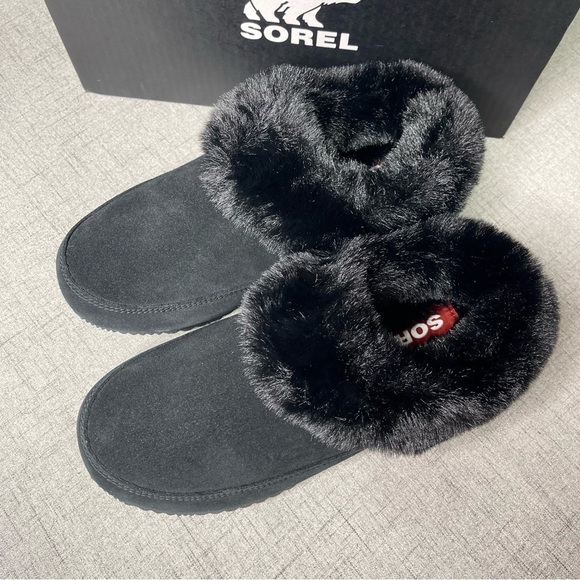 Sorel Go Coffee Run Slippers Black Suede Leather Fur Slip On Shoes NWT - Picture 12 of 16